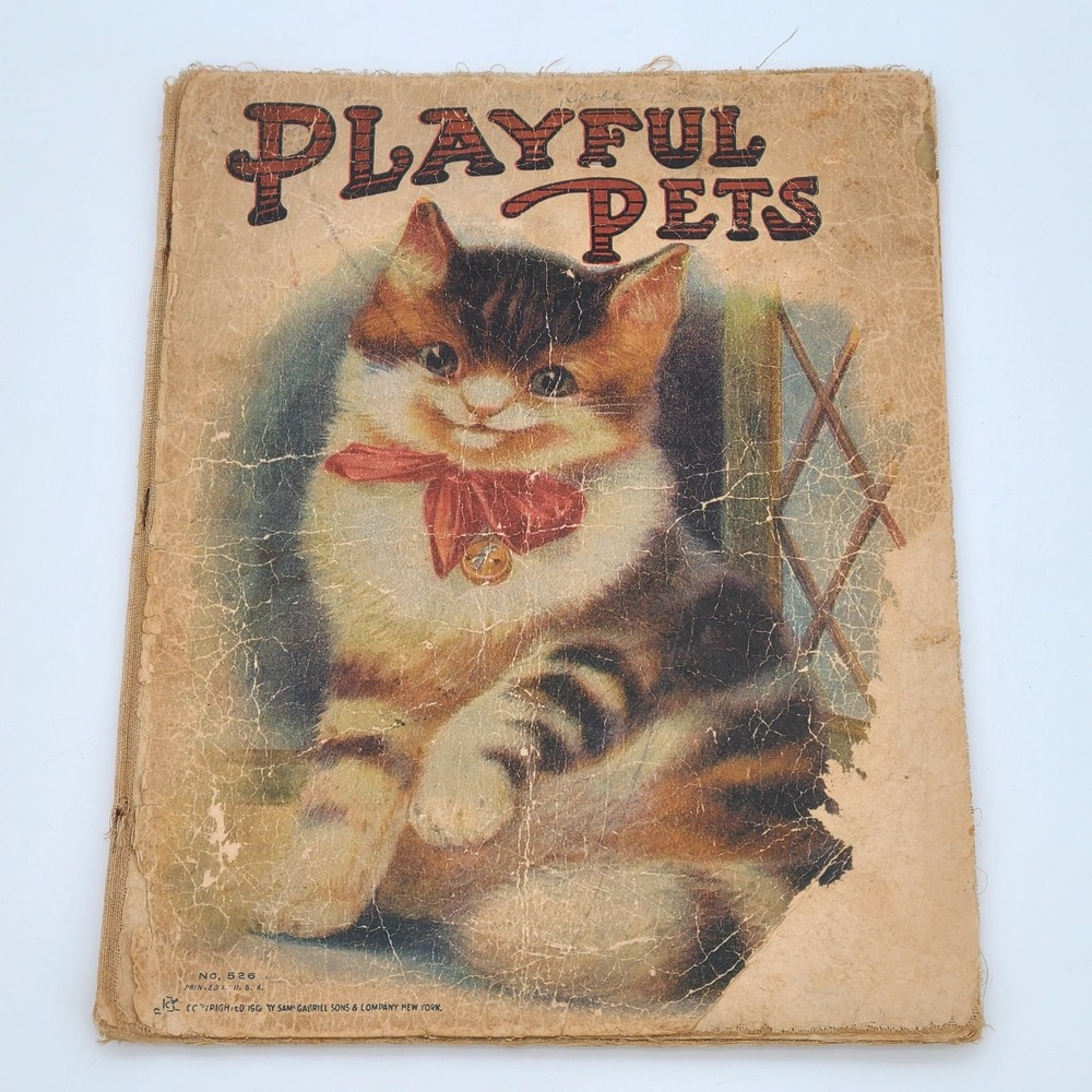 Antique 1913 "Playful Pets" Linen Children's Book - Sam'l Gabriel Sons